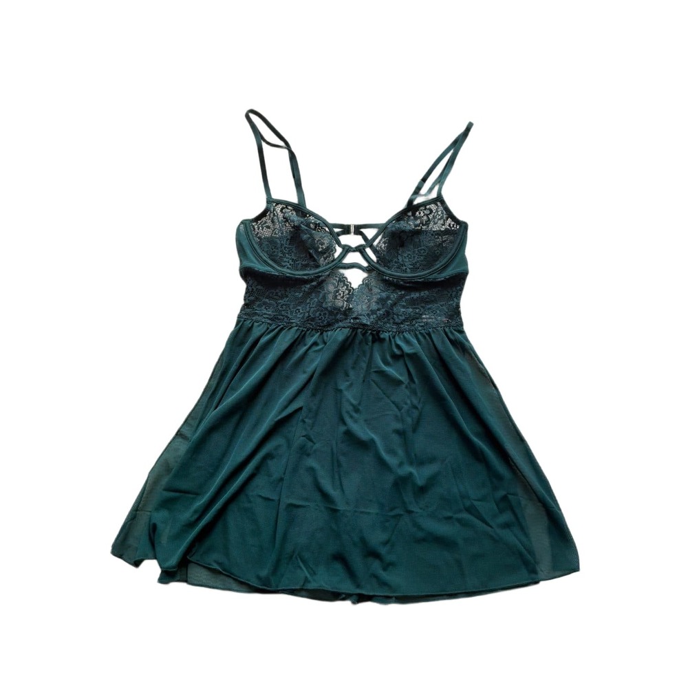 Adore Me Babydoll Chemise Size M Green Lace Mesh Underwire Lingerie Slip NWT